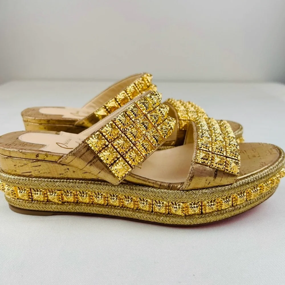 NEW CHRISTIAN LOUBOUTIN Liege Pepite 60 Platform Sandals 35 EU, Gold Version - Picture 5 of 11